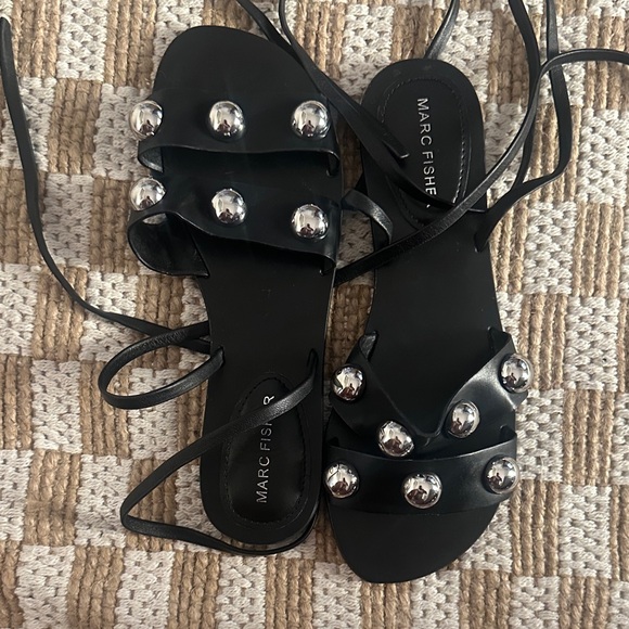 Marc Fisher Black Leather Sandals with Metallic Accents - Picture 7 of 10